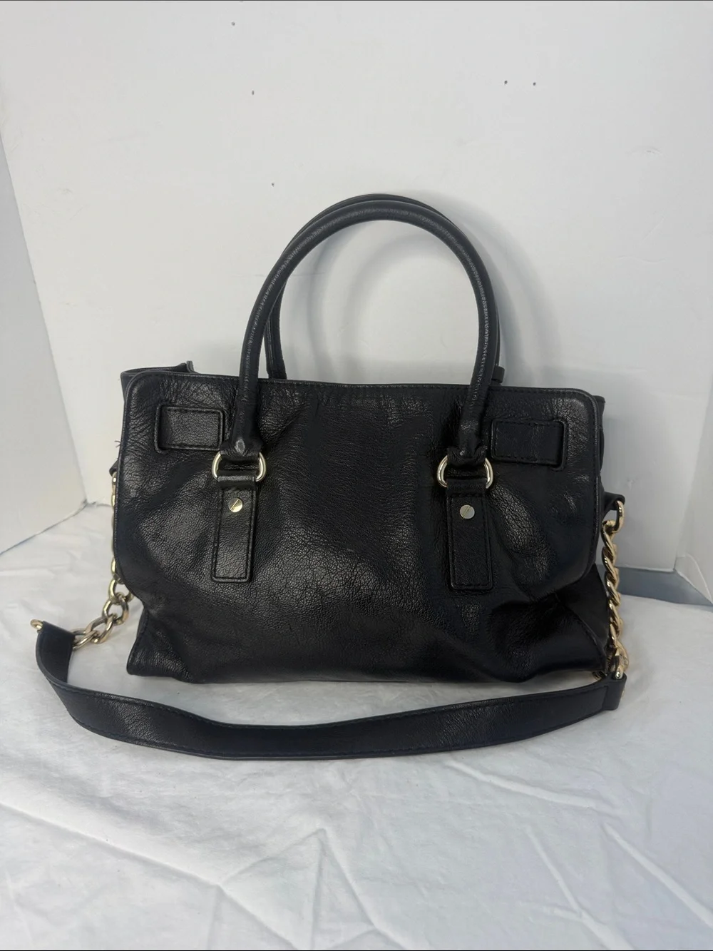 Classic Black Leather Satchel Handbag with Gold Hardware